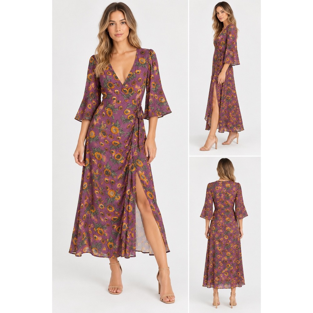 Ashilda Keyta Model Purple Floral Maxi Dress Bell Sleeve Wrap V-Neck Small